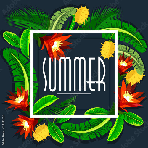 plants tropical jungle with flowers in a frame