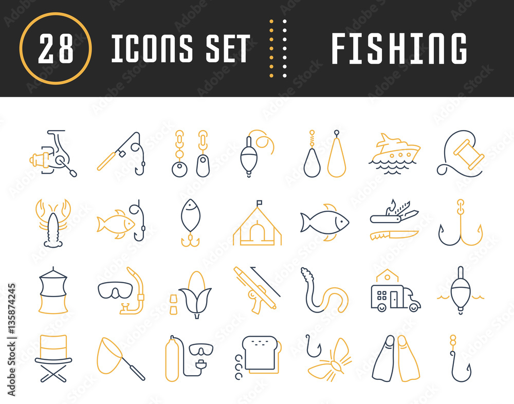 Set Vector Flat Line Icons Fishing Set Vector Flat Line Icons Fishing