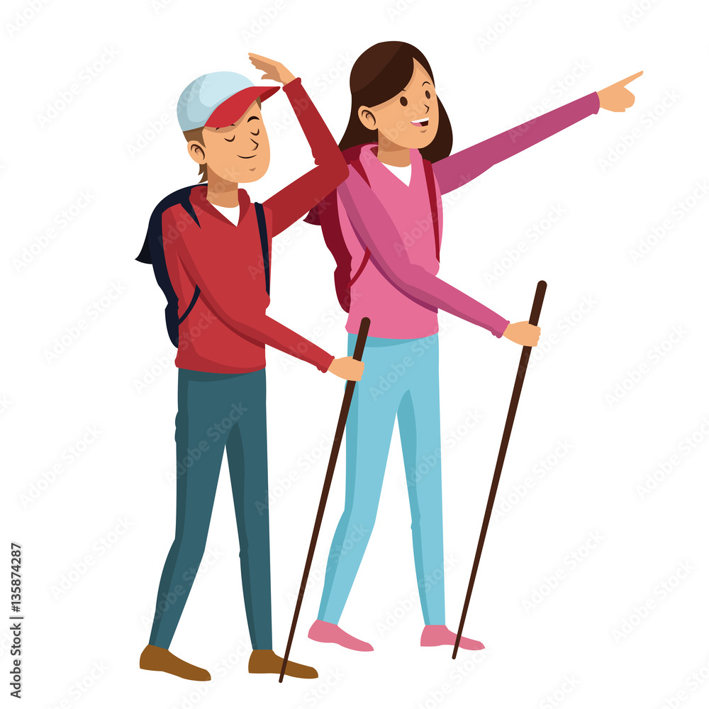 young couple hiking with backpack walking sticks vector illustration eps 10 young couple hiking with backpack walking sticks vector illustration eps 10