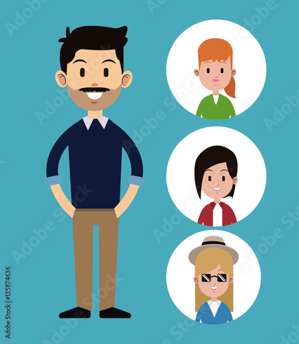 man mustache sweater hairstyle with face gils icons vector illustration eps 10