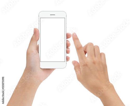 hand touching phone mobile screen isolated on white, mock up sma