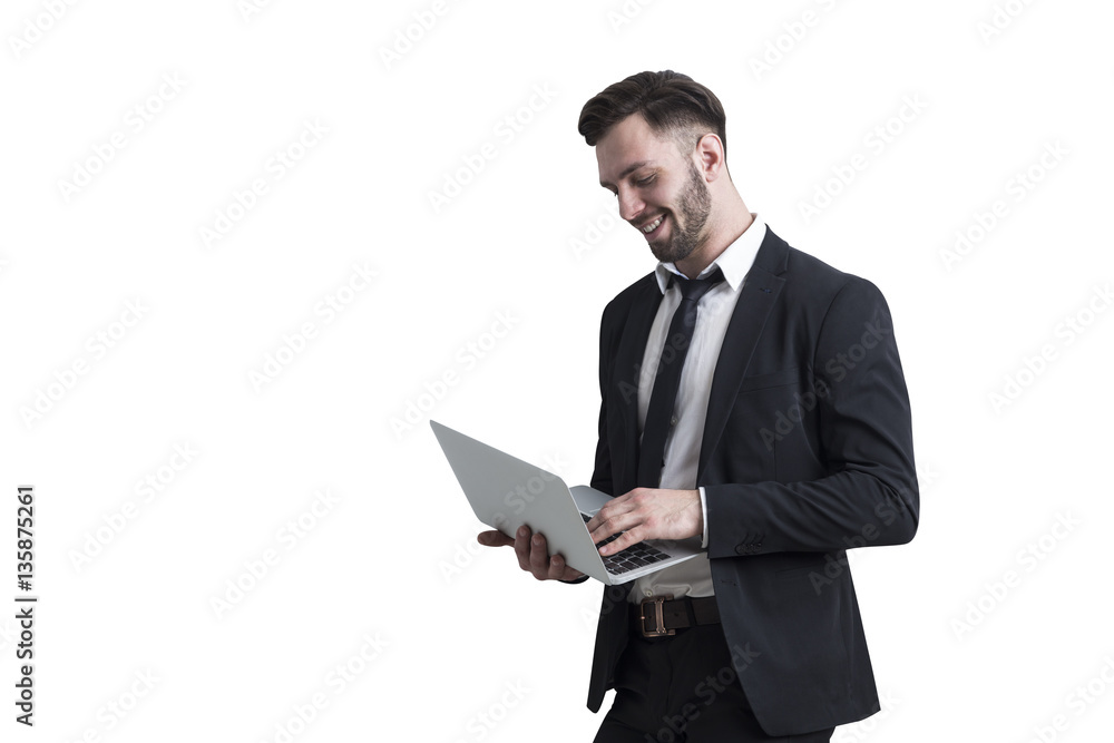 Bearded man holding a laptop, isolated Bearded man holding a laptop, isolated
