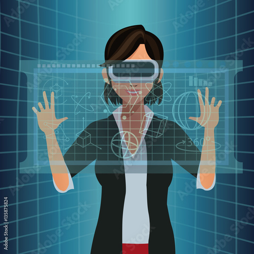 woman with vr goggles touch diagram digital vector illustration eps 10