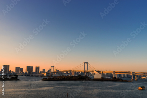 sunset on odaiba island view point with rainbow bridge - can use to display or montage on product