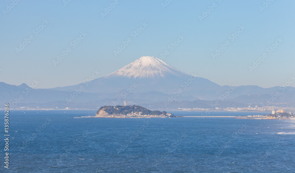 Mountain Fuji and sea in autumn season at Sagami bay , Kanagawa prefecture , Japan
