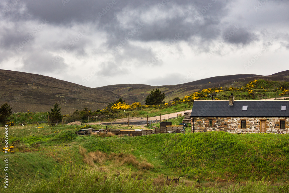 North Coast, Scotland - June 6, 2012: Country side with brown hills and a dwelling built with colored stones on green land under rain clouds offer rural scenery. Some yellow broom flowers add hues. North Coast, Scotland - June 6, 2012: Country side with brown hills and a dwelling built with colored stones on green land under rain clouds offer rural scenery. Some yellow broom flowers add hues.