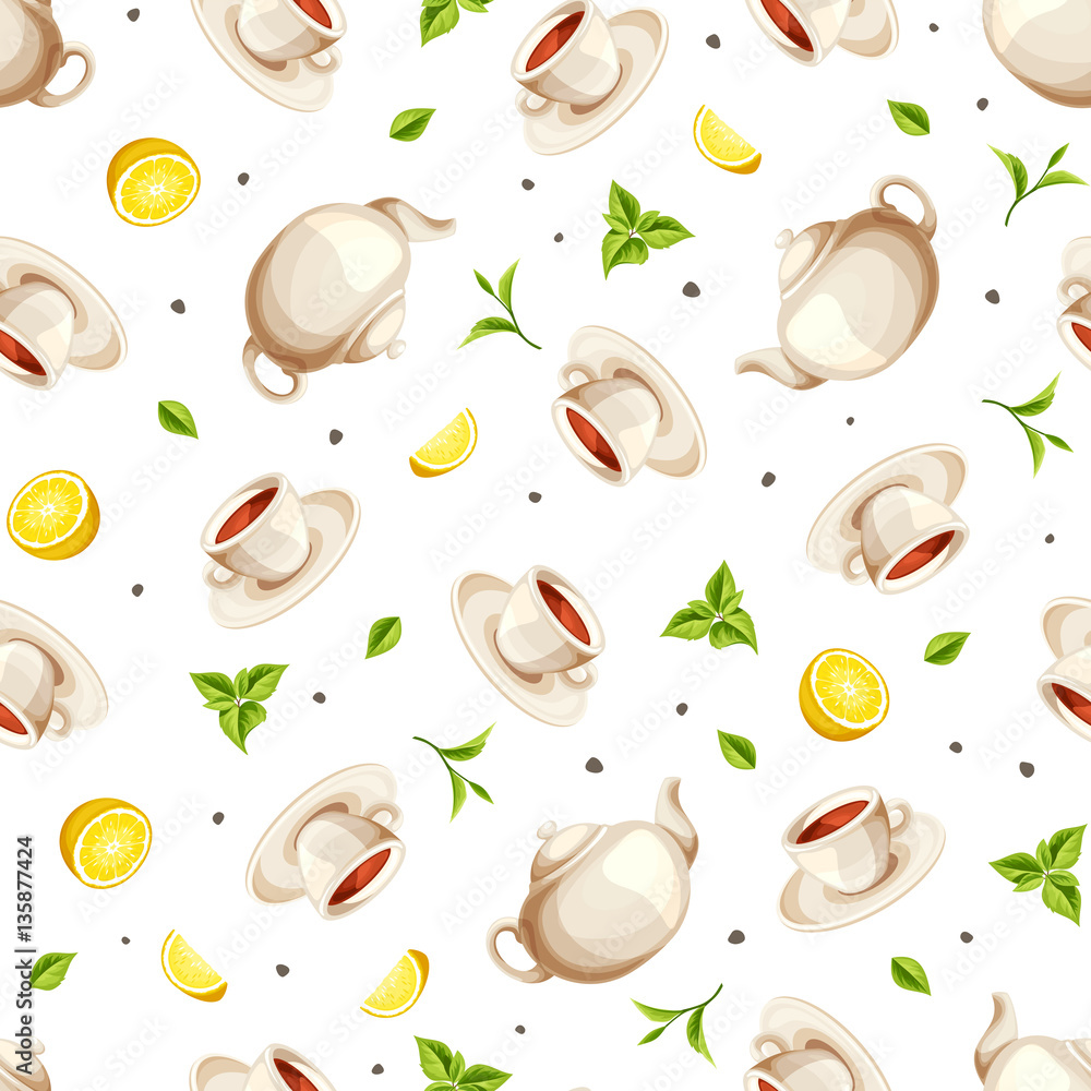 Vector seamless pattern with teapots, cups of tea, lemons and tea ...