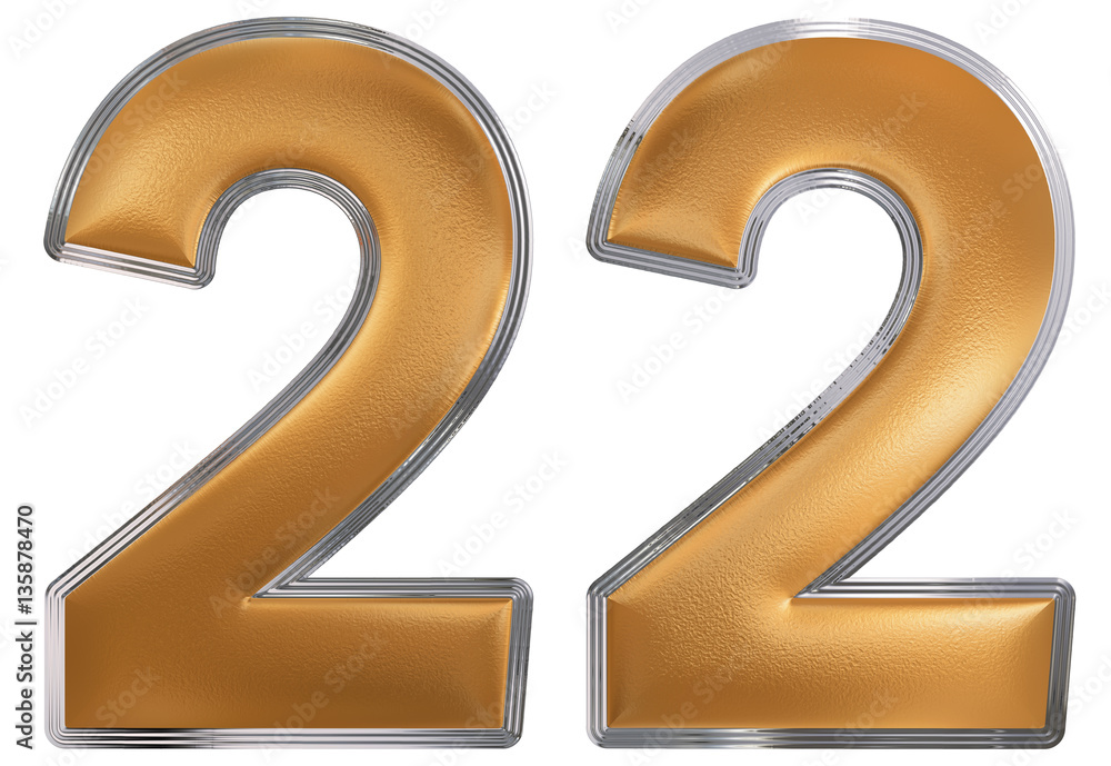 Numeral 22 twenty two isolated on white background 3d render Stock