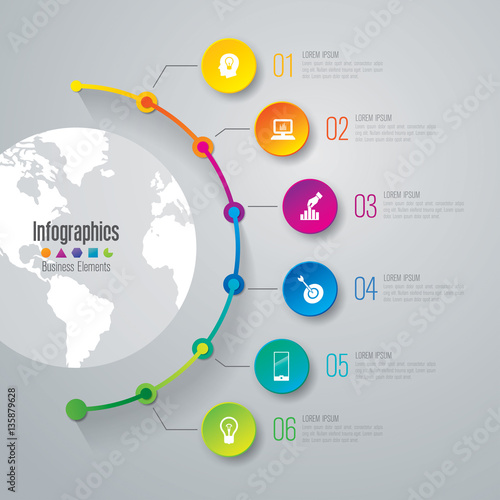 Timeline infographic design vector and business icons with 6 options.