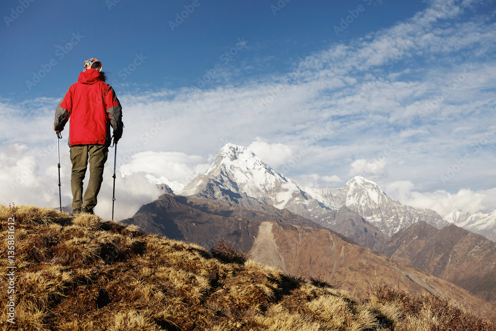 Travel, adventure, hiking, extreme and people. Rear view of trekker in red vest standing on cliff's edge with trekking poles, admiring amazing landscape of mountain peaks covered with snow and ice