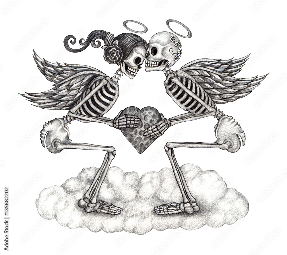 Skeletons in love day of the dead design by hand pencil drawing on paper.  Stock Illustration | Adobe Stock