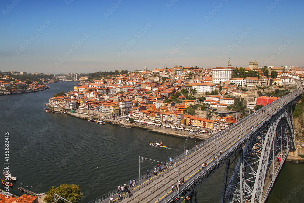 Panorama of Ponte Luis I Bridge over the Douro river. Porto, Por