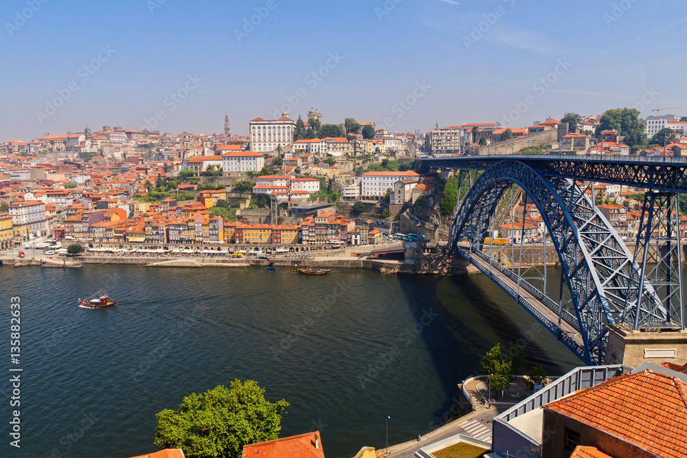 Panorama of Ponte Luis I Bridge over the Douro river. Porto, Por