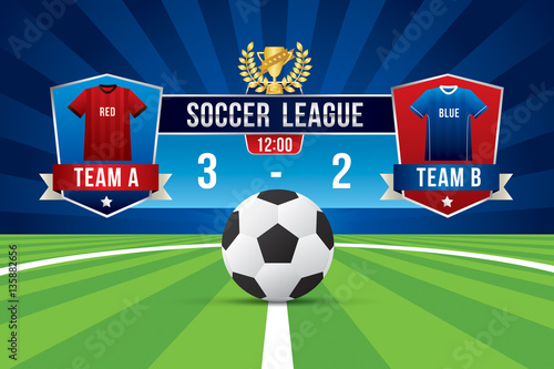 Vector of soccer league with team competition and scoreboard on green field background.