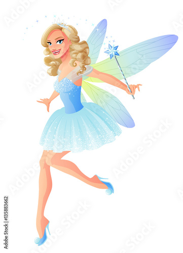 Vector beautiful tooth fairy in blue dress with magic wand.