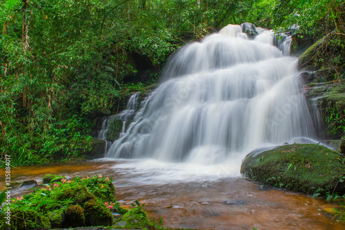 beautiful waterfall in rainforest at phu tub berk mountain  phet