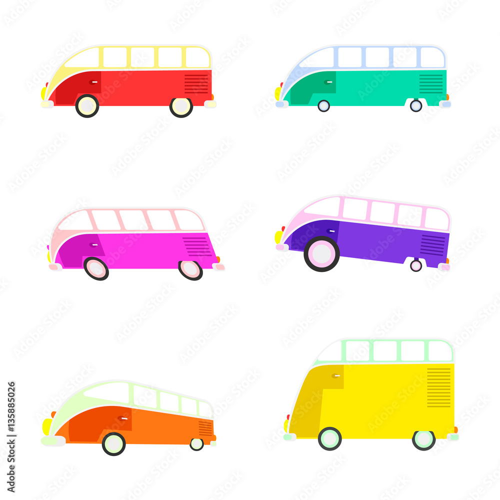 Colorful cartoon travel bus collection. Surfing retro buses in different  colors. Set of recolored traveler coach camper flat style icons isolated on  white. Family summer bus in classic colors, vector. Stock Vector |