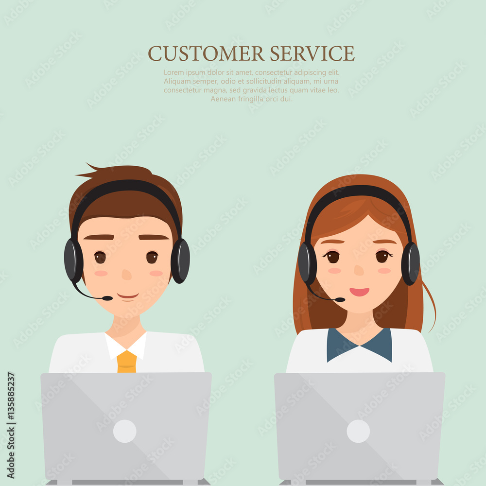 man and woman wearing headsets conceptual of client services and communication. call center service job character. man and woman wearing headsets conceptual of client services and communication. call center service job character.