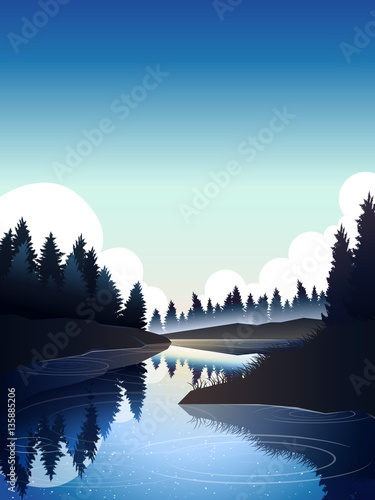 river in pine wood at noon