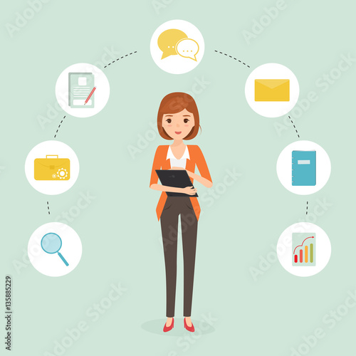 business woman working with a tablet to multitasking. vector people character flat design. photo