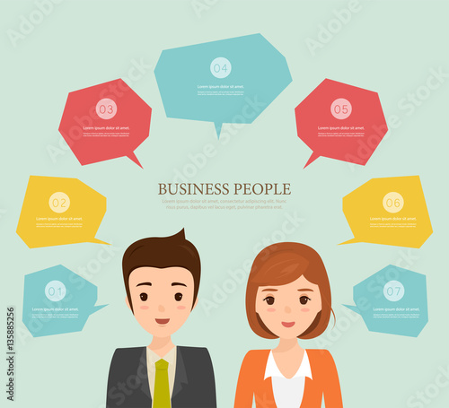 business man and business woman brainstorming infographic. people character in job. photo