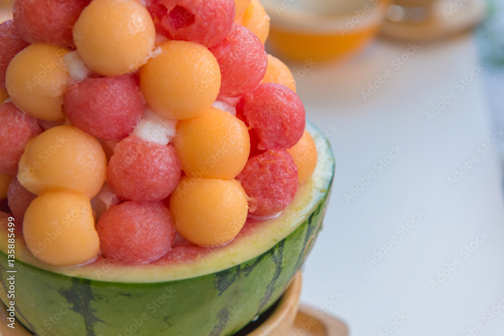 Mixed Fruit with Sweetened condensed milk on Ice cream Mixed Fruit with Sweetened condensed milk on Ice cream