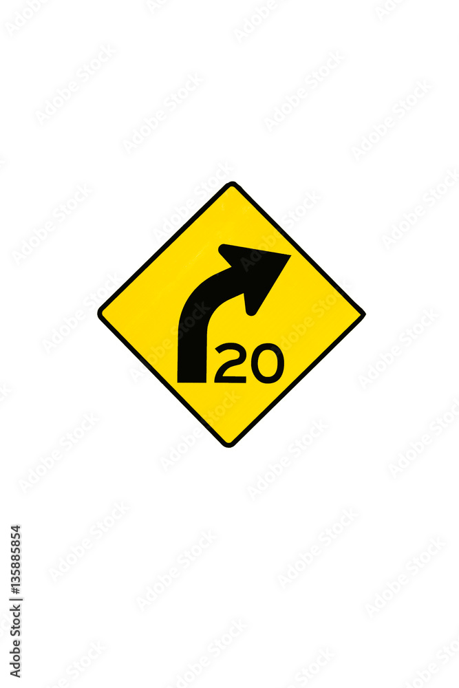 20 mph curve sign isolated on white 20 mph curve sign isolated on white