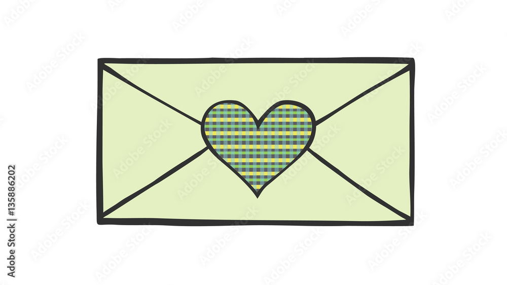 Love heart design on envelope for Valentines day. Mail drawing in doodle style.