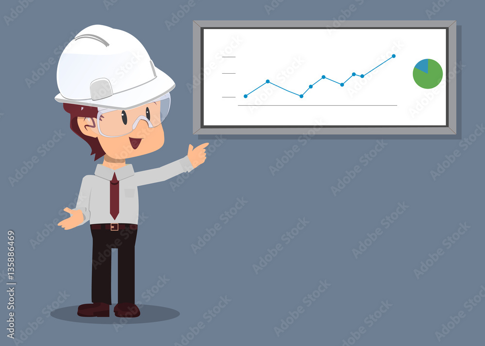 Ingeniero, empleado de oficina en presentación de negocios con gráfico ascendente y casco blanco Ingeniero, empleado de oficina en presentación de negocios con gráfico ascendente y casco blanco