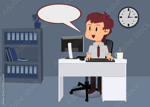 Empleado de oficina escribiendo en teclado de ordenador personal con cuadro de diálogo