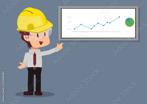 Ingeniero, empleado de oficina en presentación de negocios con gráfico ascendente y casco amarillo