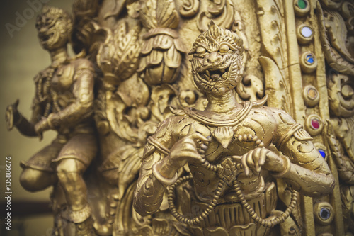 Wooden creatures ornamental carvings in buddhist golden temple