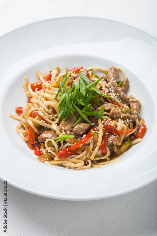 Asian noodles on a white background