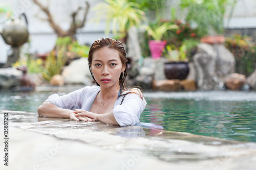 Beautiful Woman Swimming Pool At Resort Relaxed Portrait Young Asian Girl Tropical Vacation