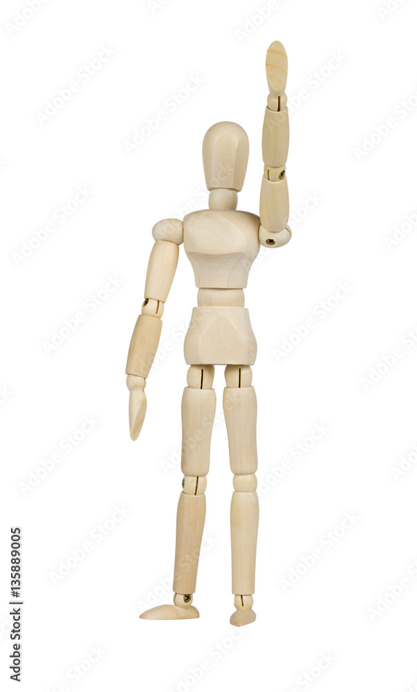 Wooden figure concepts raise hand isolated on the white background Wooden figure concepts raise hand isolated on the white background