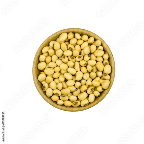 soy beans in bowl wood isolated on white background.