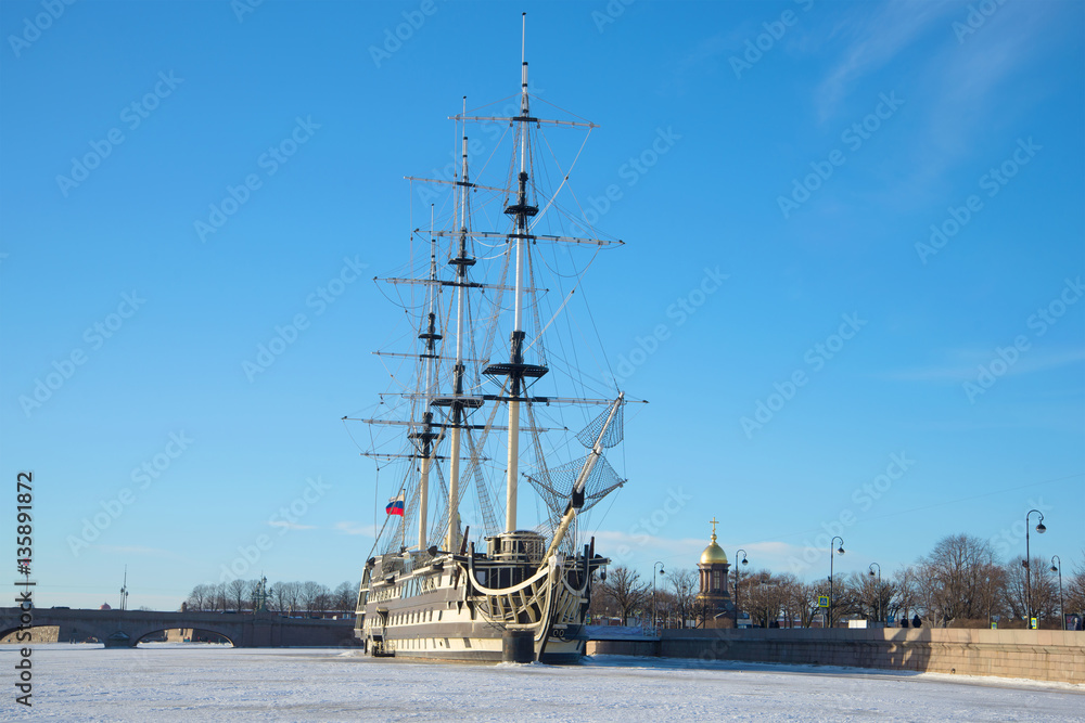Frigate Blagodat on the frozen Neva. Sunny January day. Saint Petersburg