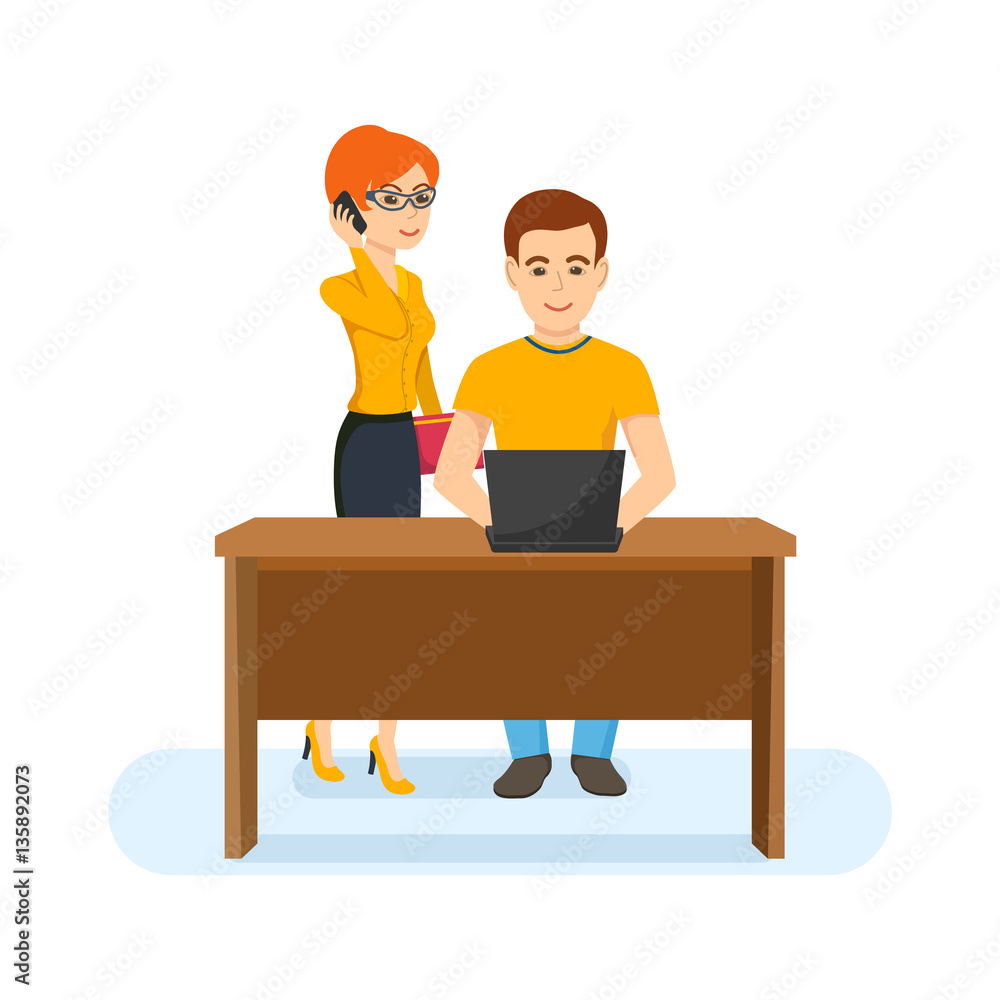 Obraz premium Colleagues, working in office, discussing work issues with the head.