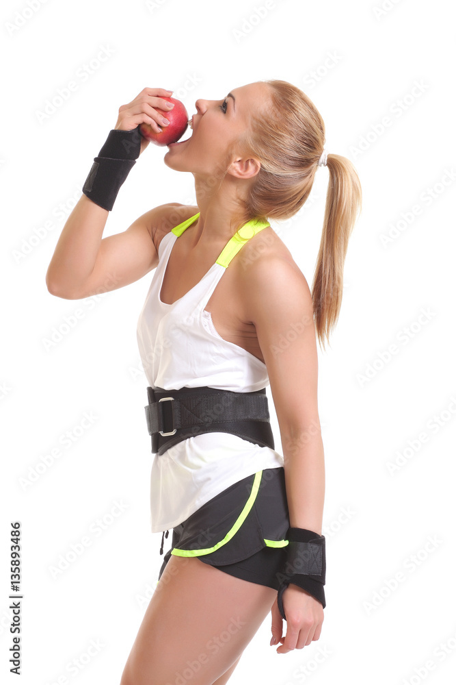 young fitness woman happy smiling holding apple young fitness woman happy smiling holding apple