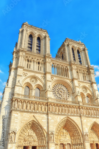 Front side of Notre Dame de Paris Cathedral, most beautiful Cath