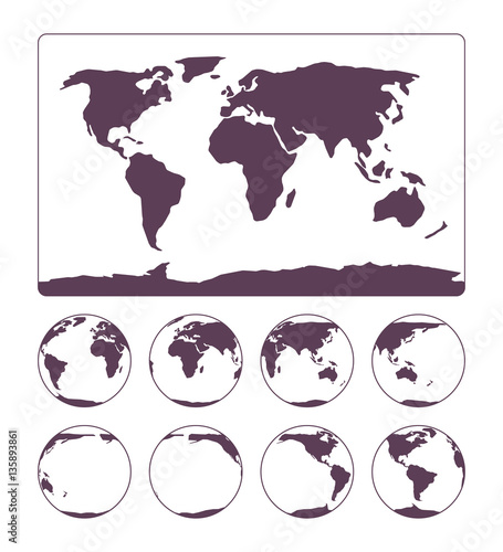 World Map projection showing surface of the Earth and globe