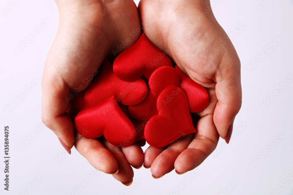 Girl holding a plush red hearts on a white background. Girl holding a plush red hearts on a white background.