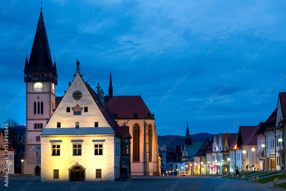 evening historical square Badejov, Slovakia