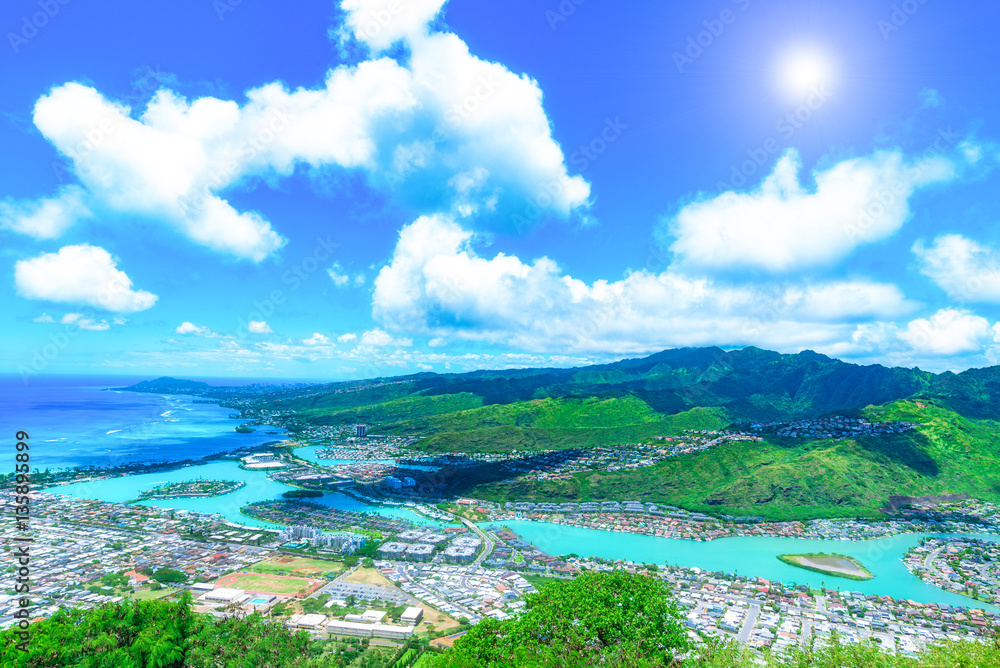 View of Hawaii Kai, a largely residential area located in the City & County of Honolulu, seen from the top of Koko Head near Honolulu - Hawaii