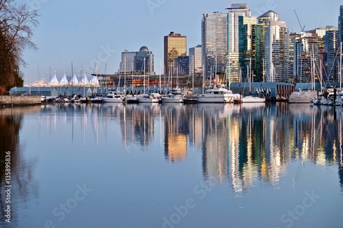 Vancouver skyline and Stanley Park seawall. Coal Harbor. West End. Vancouver downtown. British Columbia. Canada.