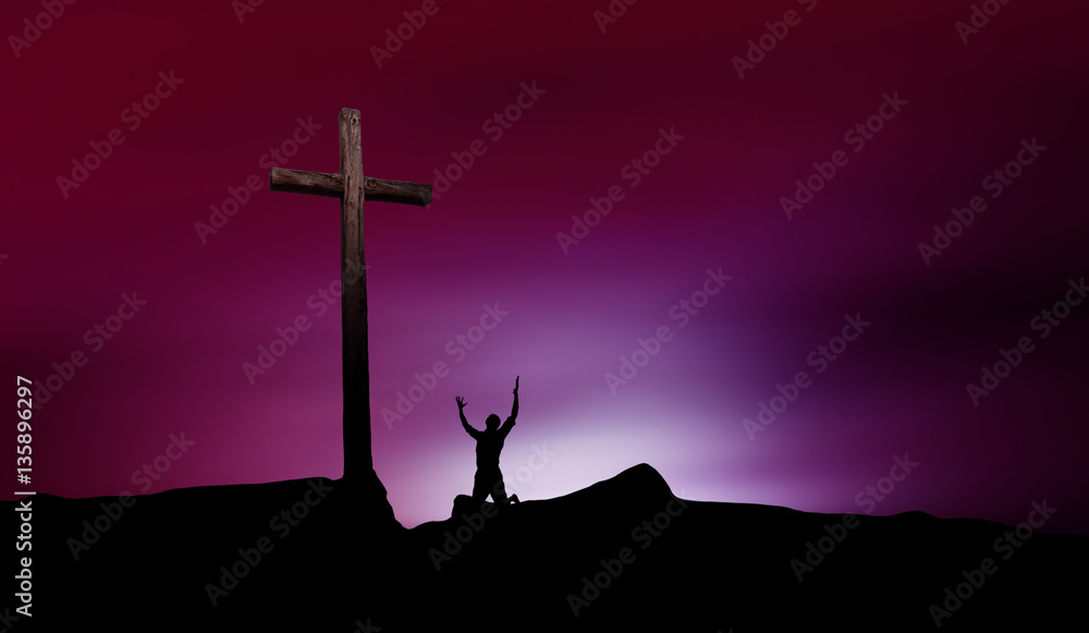 Fototapeta Dramatic sky scenery with cross and worshiper