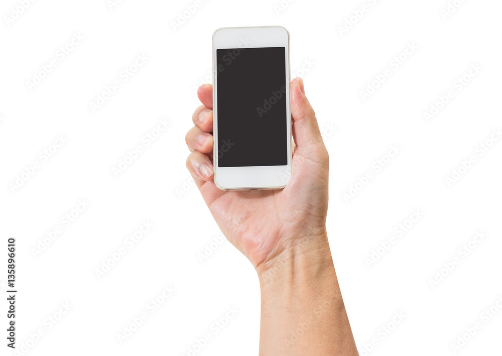 Man hand holding mobile phone isolated on white background. clip Man hand holding mobile phone isolated on white background. clip