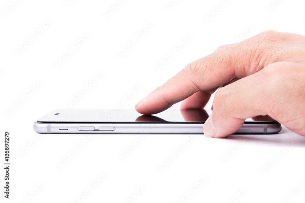 Smart mobile phone finger touch on touchscreen Smart mobile phone finger touch on touchscreen