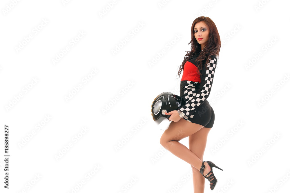 young woman in a racing suit and helmet young woman in a racing suit and helmet
