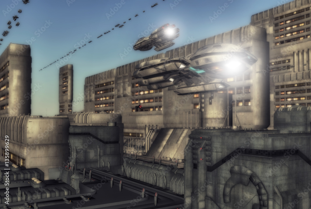 Obraz premium 3d render. Futuristic city and spaceships